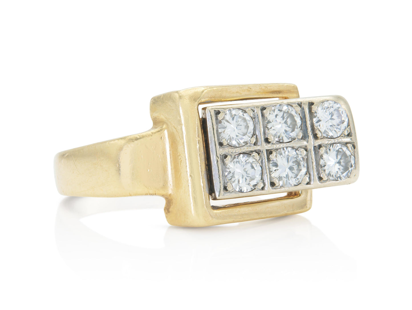 Vintage 1940s Retro Gold Buckle Ring with Diamonds