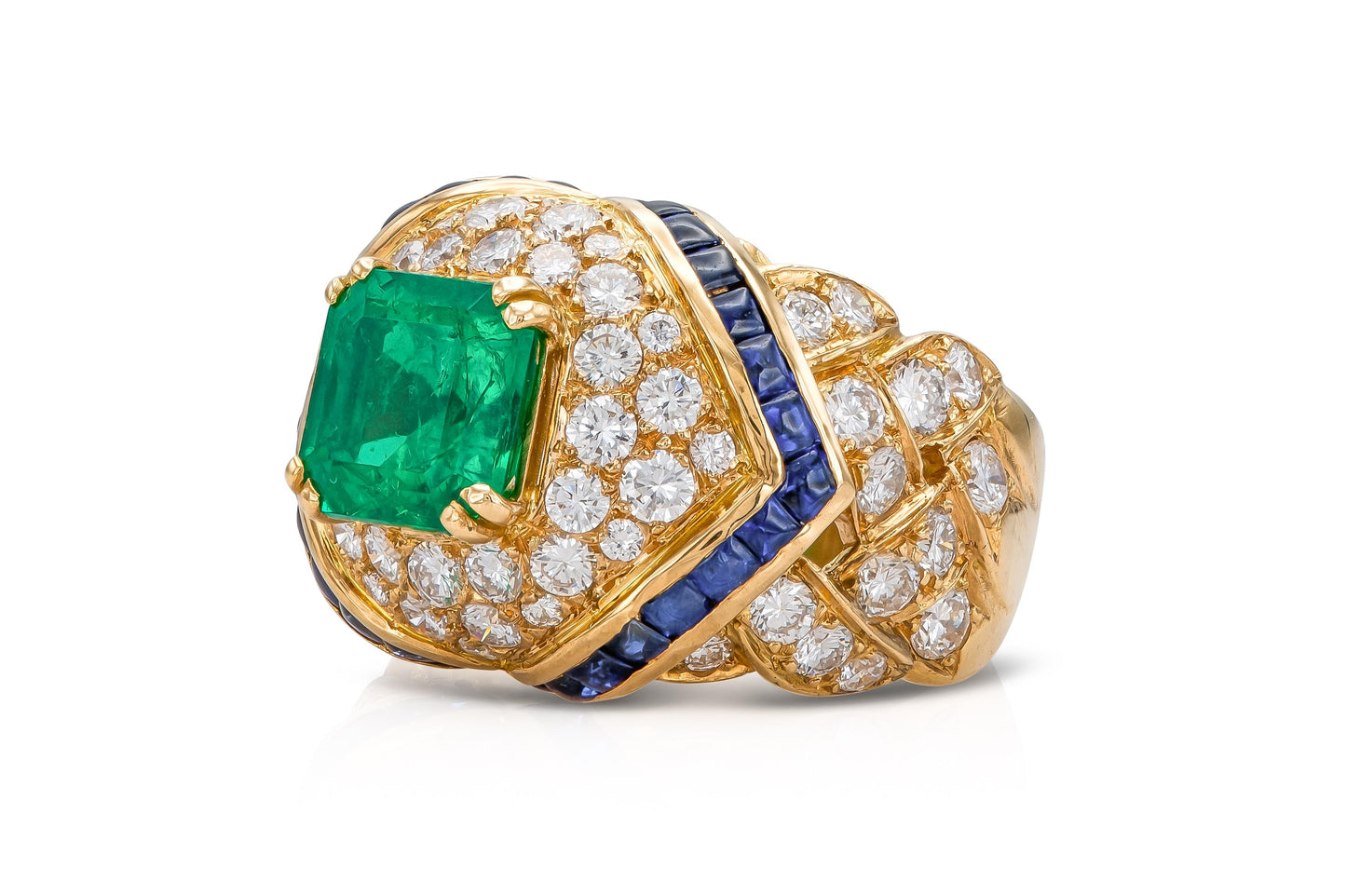 Vintage 1980s Mauboussin Emerald Ring with Diamonds and Sapphires