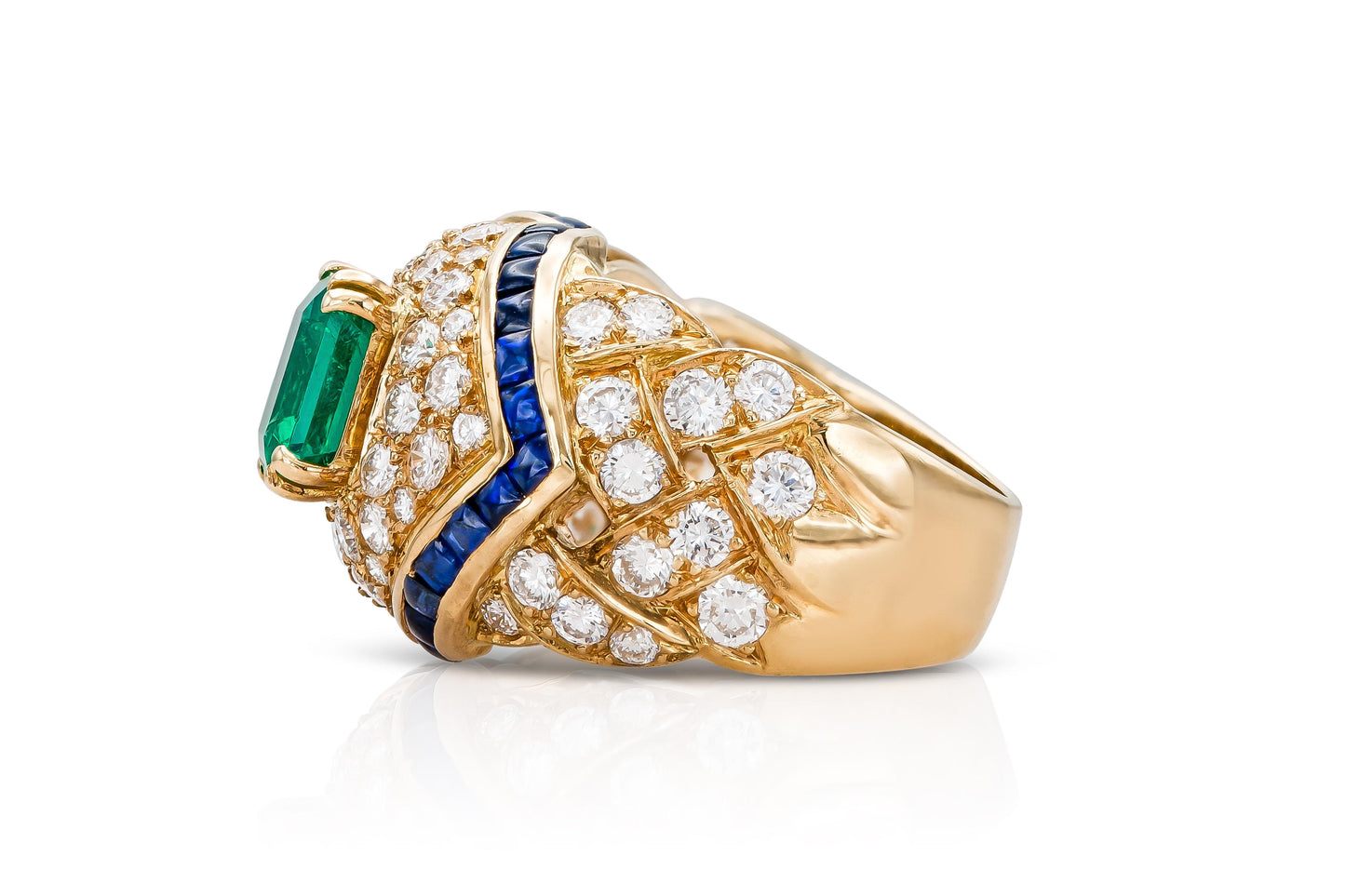 Vintage 1980s Mauboussin Emerald Ring with Diamonds and Sapphires