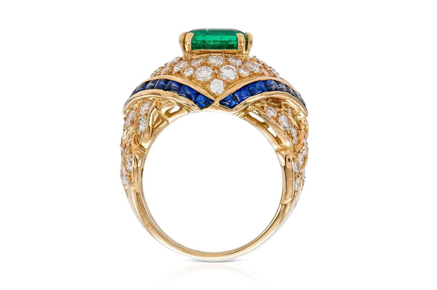 Vintage 1980s Mauboussin Emerald Ring with Diamonds and Sapphires