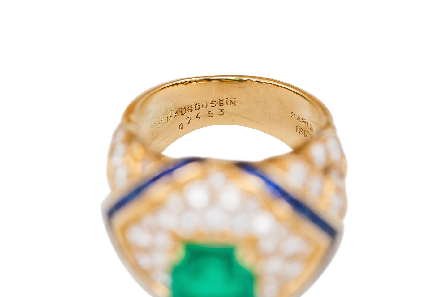 Vintage 1980s Mauboussin Emerald Ring with Diamonds and Sapphires