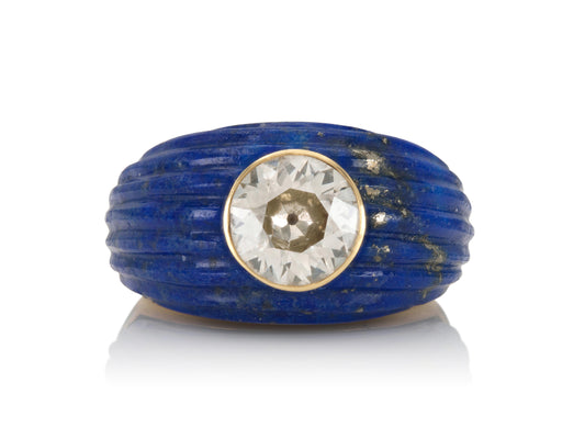 Vintage 1940s 2.40 Carat Old Mine Cut Diamond & Lapis Lazuli Ring