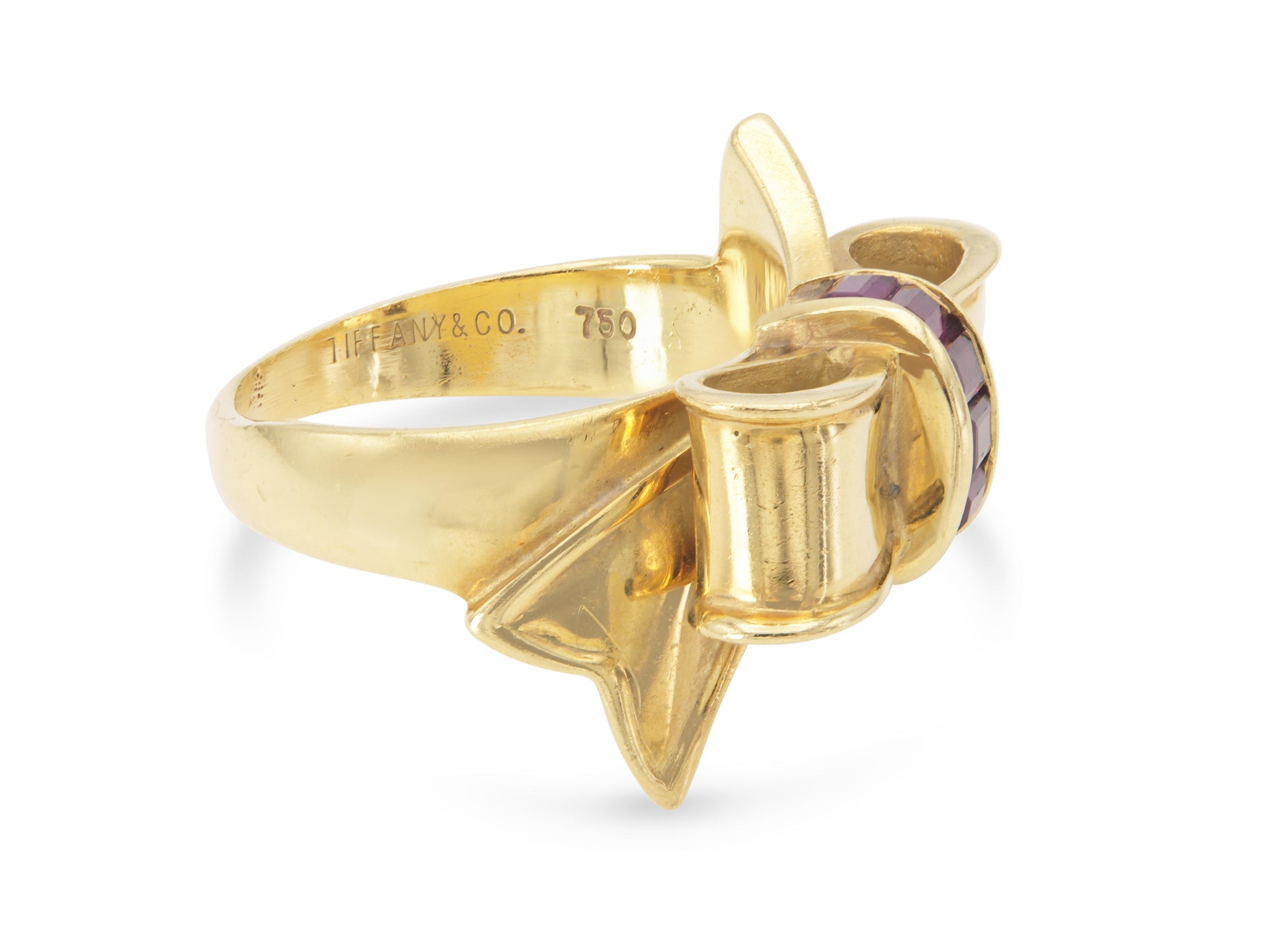 Vintage 1940s Retro Tiffany & Co. Gold Bow Ring with Rubies