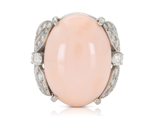 Vintage 1950s Angel Skin Coral Ring with Diamonds