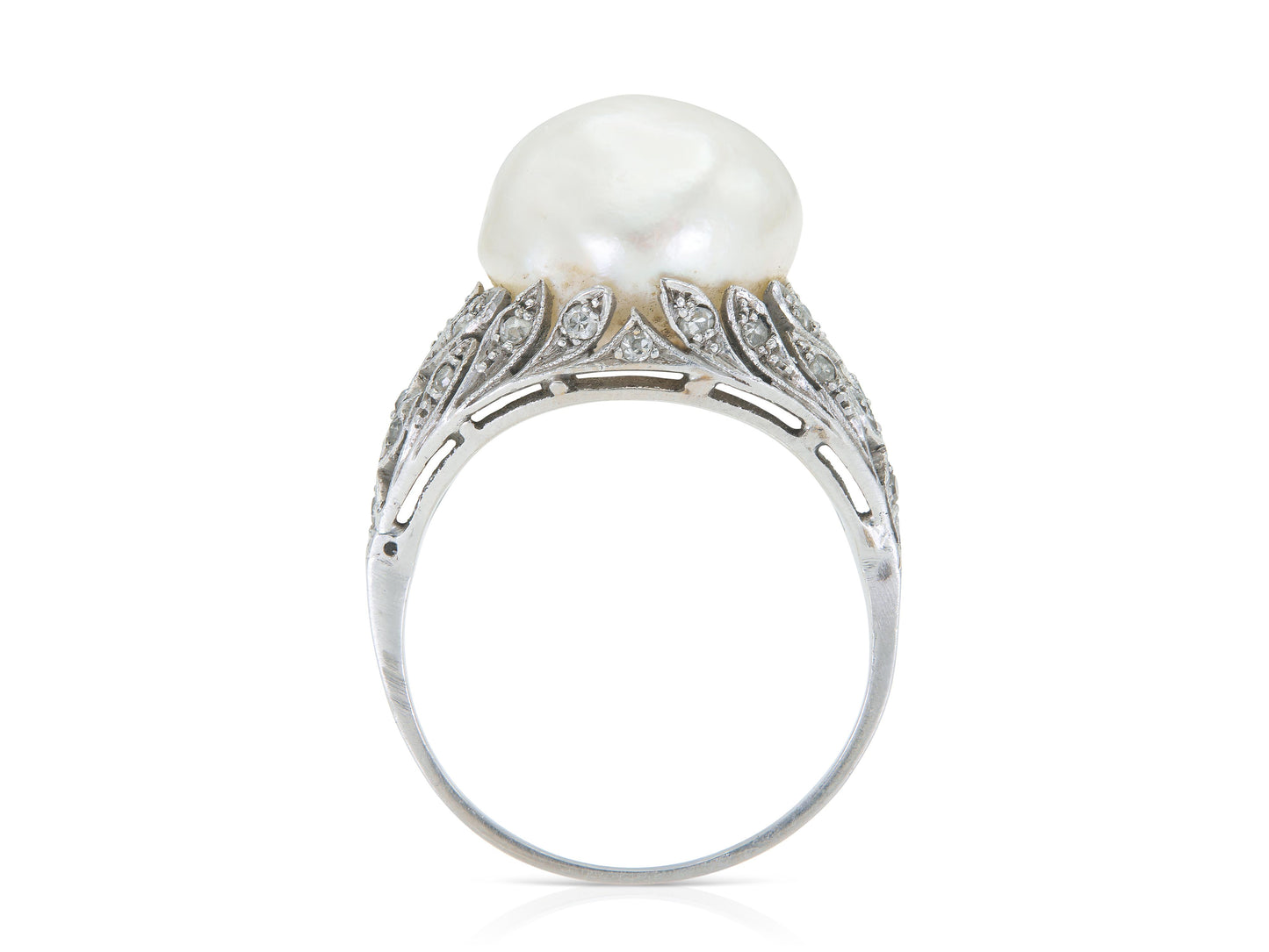 Antique Art Deco 1920s Natural Saltwater Baroque Pearl Ring with Diamonds