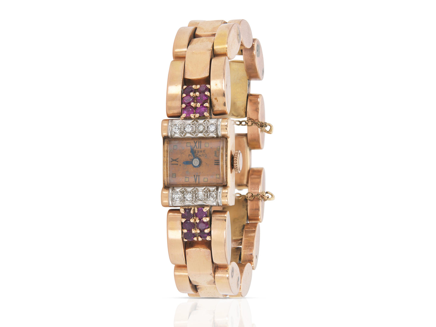 Vintage 1940s Retro Pierre Piccard Gold Watch with Diamonds and Rubies