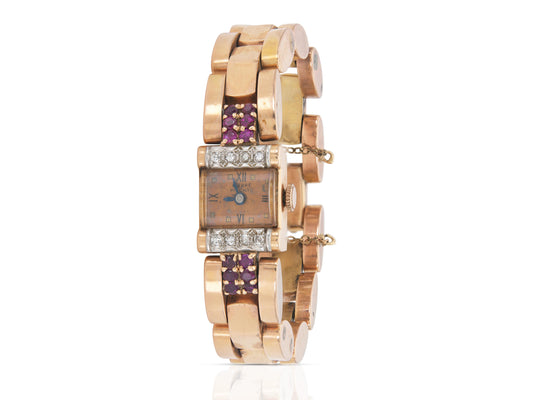 Vintage 1940s Retro Pierre Piccard Gold Watch with Diamonds and Rubies