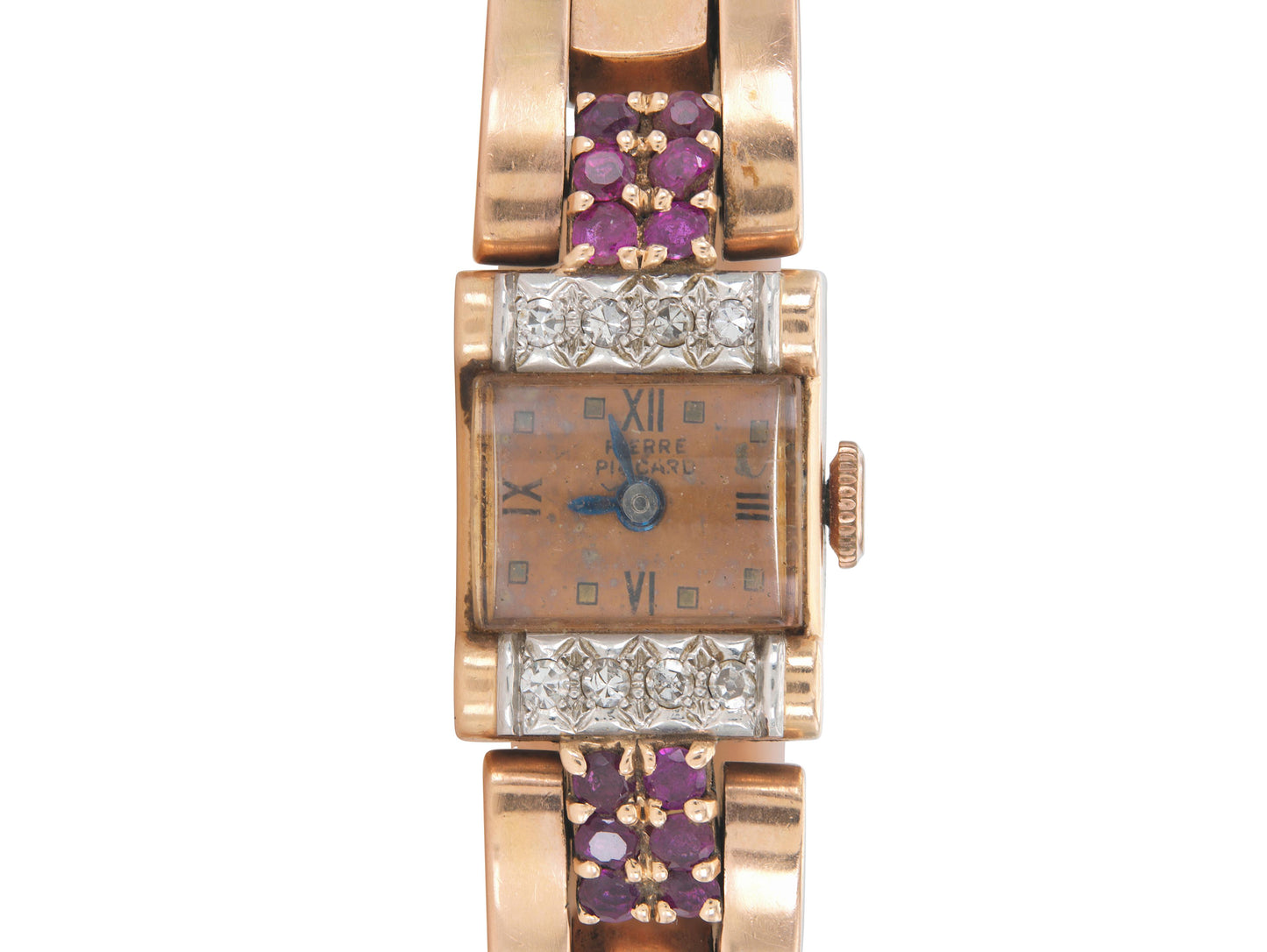 Vintage 1940s Retro Pierre Piccard Gold Watch with Diamonds and Rubies