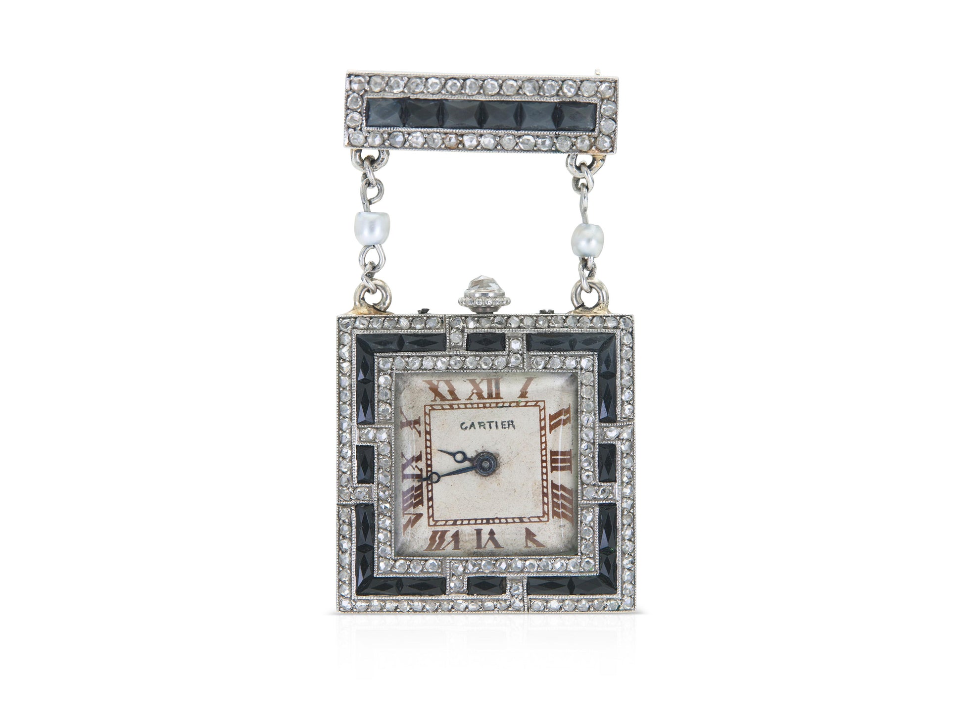 Antique Art Deco 1920s Cartier Diamond and Onyx Watch Brooch