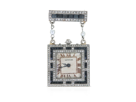 Antique Art Deco 1920s Cartier Diamond and Onyx Watch Brooch