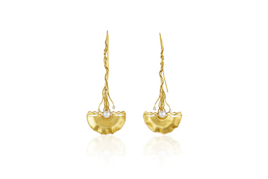 Vintage 1990s Gold Ginkgo Dangle Earrings with Pearls and Diamonds