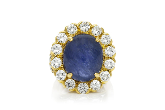 Vintage 1970s David Webb 10.00 Carat Cabochon Sapphire Ring with Diamonds