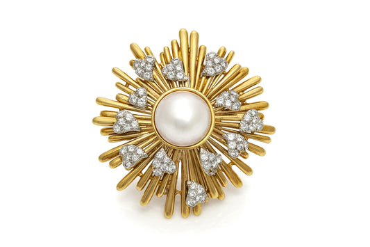 Vintage 1960s David Webb Gold and Pearl Sun Brooch with Diamond Hearts