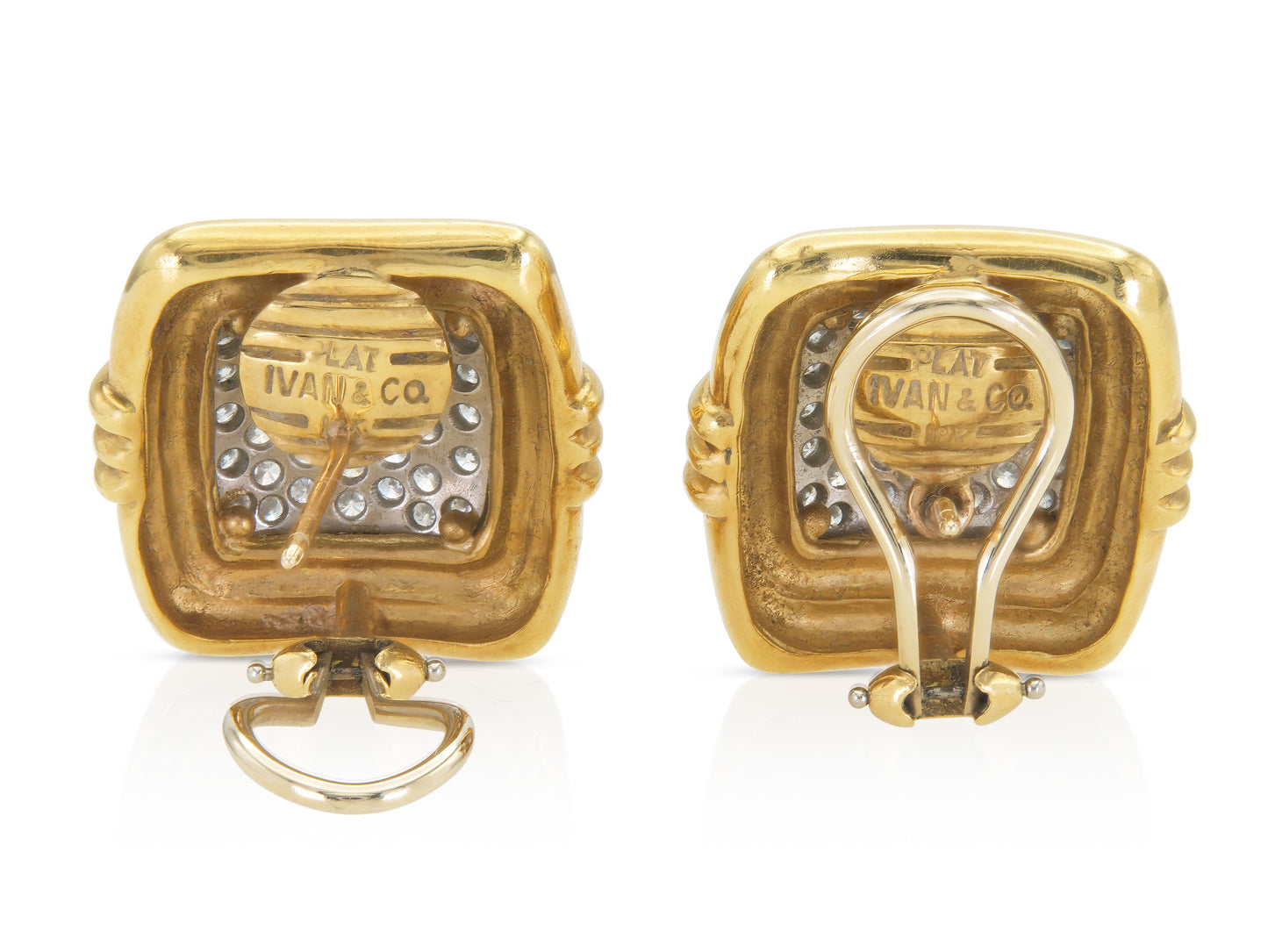 3.60 Carat Diamond and Gold Square Earrings back view