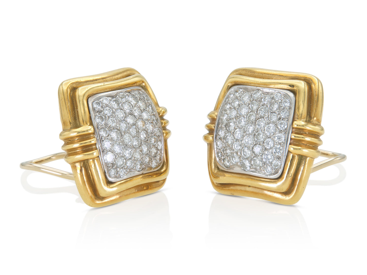 3.60 carat diamond and gold square earrings with pavé-set center 