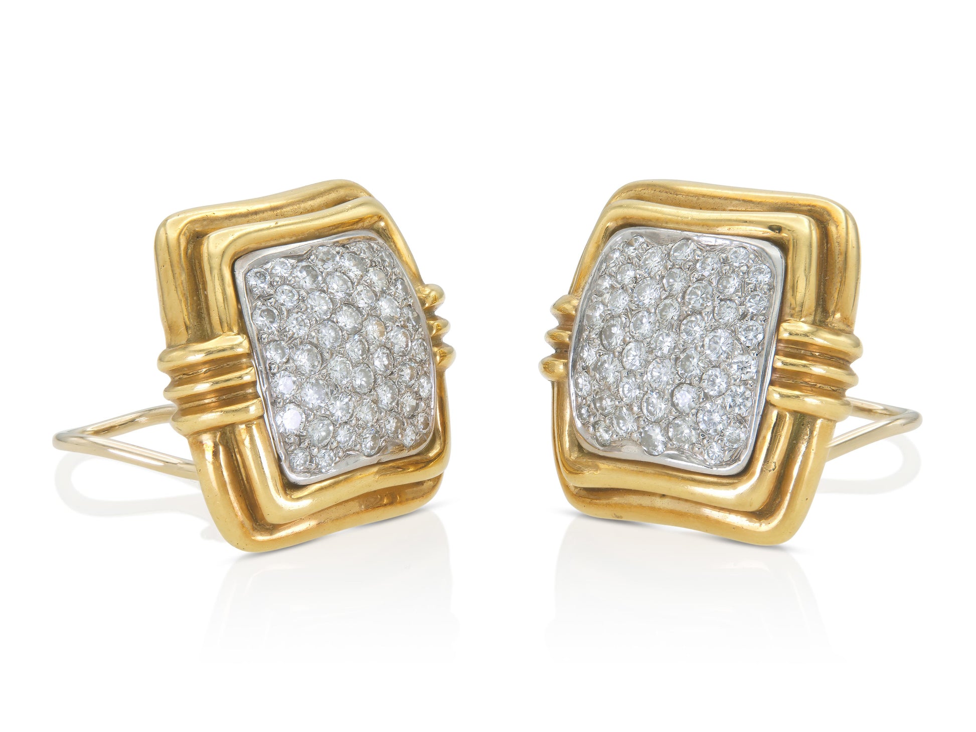 3.60 carat diamond and gold square earrings with pavé-set center 