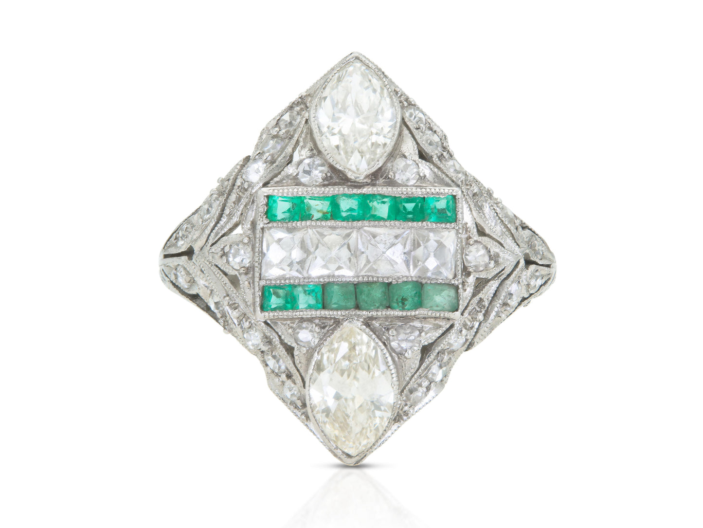 Antique Art Deco 1930s 3.00 Carat Diamonds Dinner Ring with Emeralds