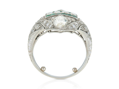 Antique Art Deco 1930s 3.00 Carat Diamonds Dinner Ring with Emeralds