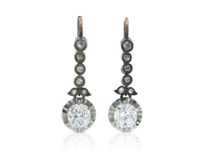 Antique Victorian 2.50 Carat Old Mine Cut Diamond Dangle Earrings