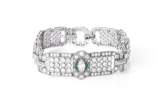 Antique Art Deco 1930s 15.00 Carat Diamond Bracelet with Emeralds