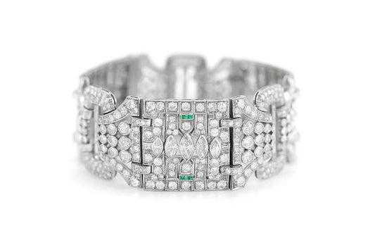 Antique Art Deco 1930s 48.00 Carat Diamond Wide Bracelet with Emeralds