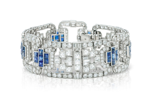 Antique Art Deco 1930s 30.00 Carat Diamond and Sapphire Openwork Bracelet