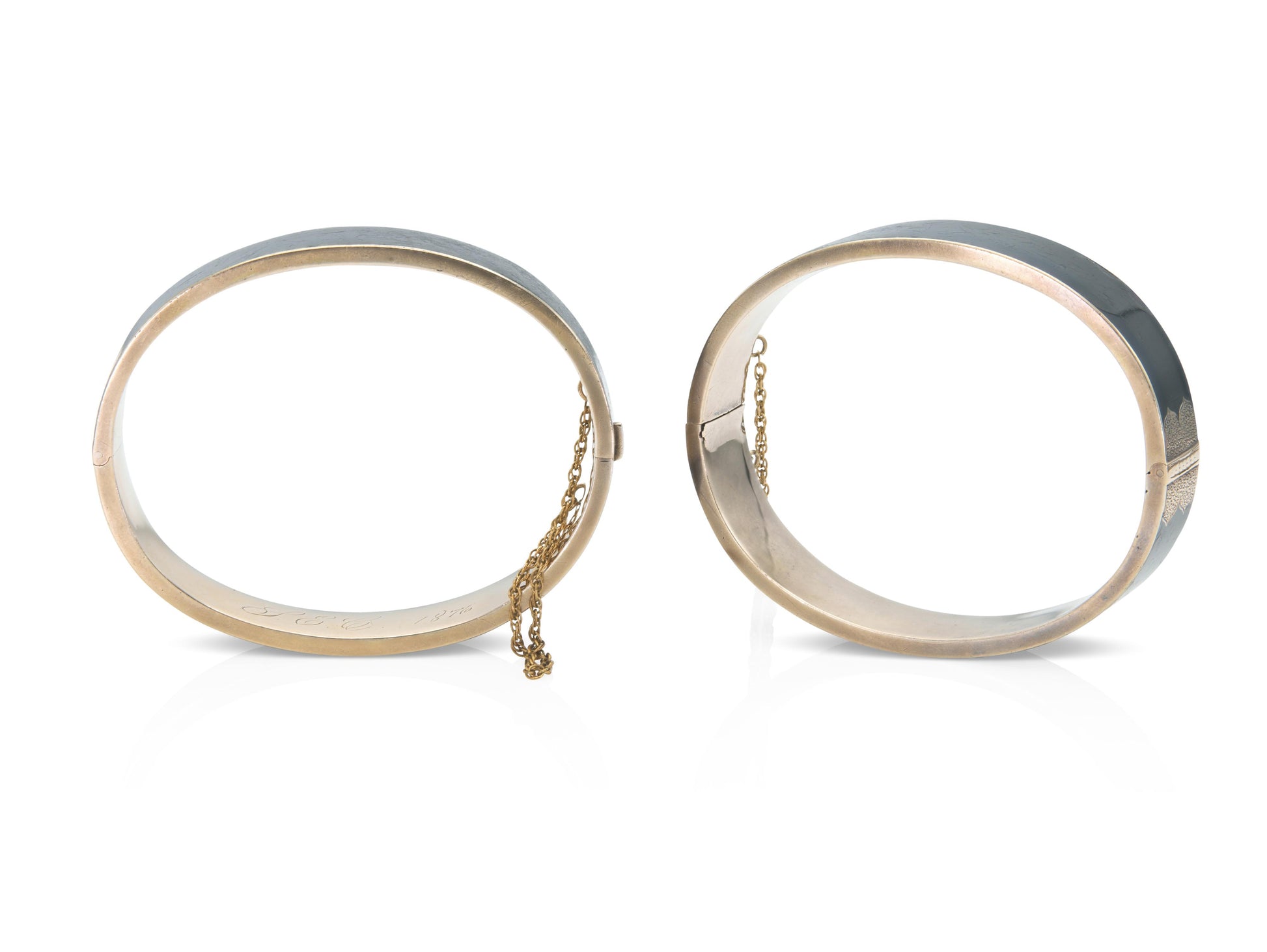 Antique Victorian Gold and Black Enamel Hinged Bangle Bracelet Pair