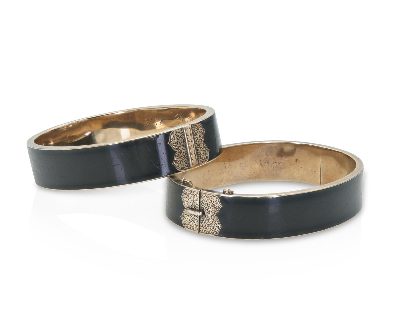 Antique Victorian Gold and Black Enamel Hinged Bangle Bracelet Pair