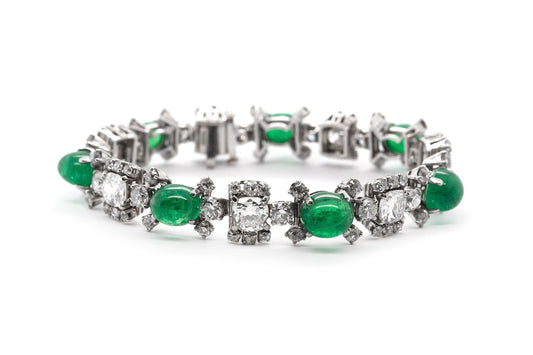 Vintage 1970s Raymond Yard Cabochon Emeralds and Diamonds Bracelet