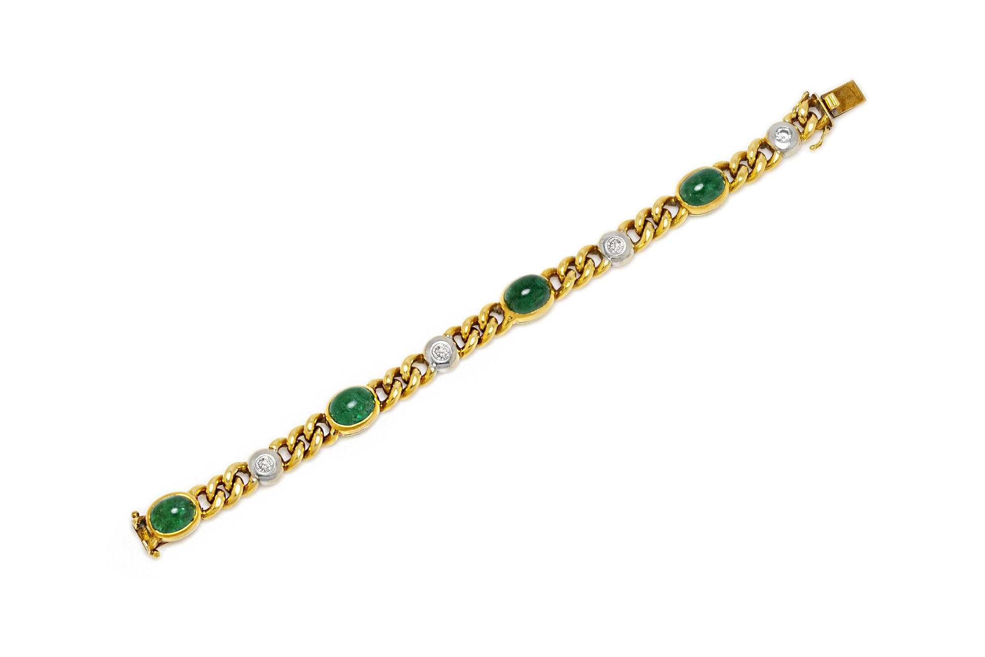 Vintage 1980s 15.00 Carat Cabochon Emeralds Gold Link Bracelet with Diamonds