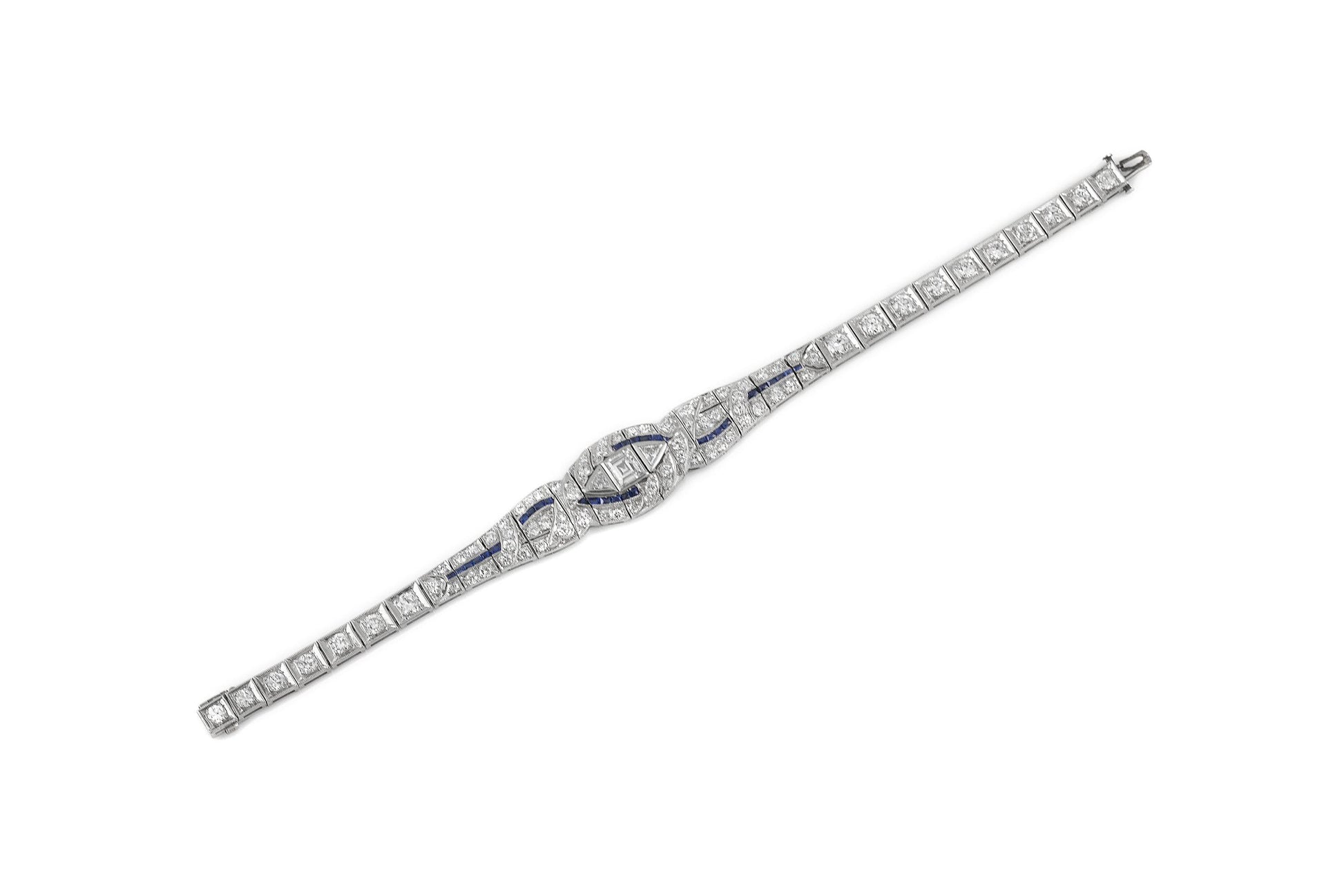 Antique Art Deco 1930s 7.00 Carat Diamond Bracelet with Sapphires