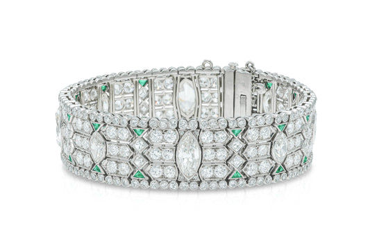 Antique Art Deco 1930s 31.00 Carat Diamond Bracelet with Emeralds