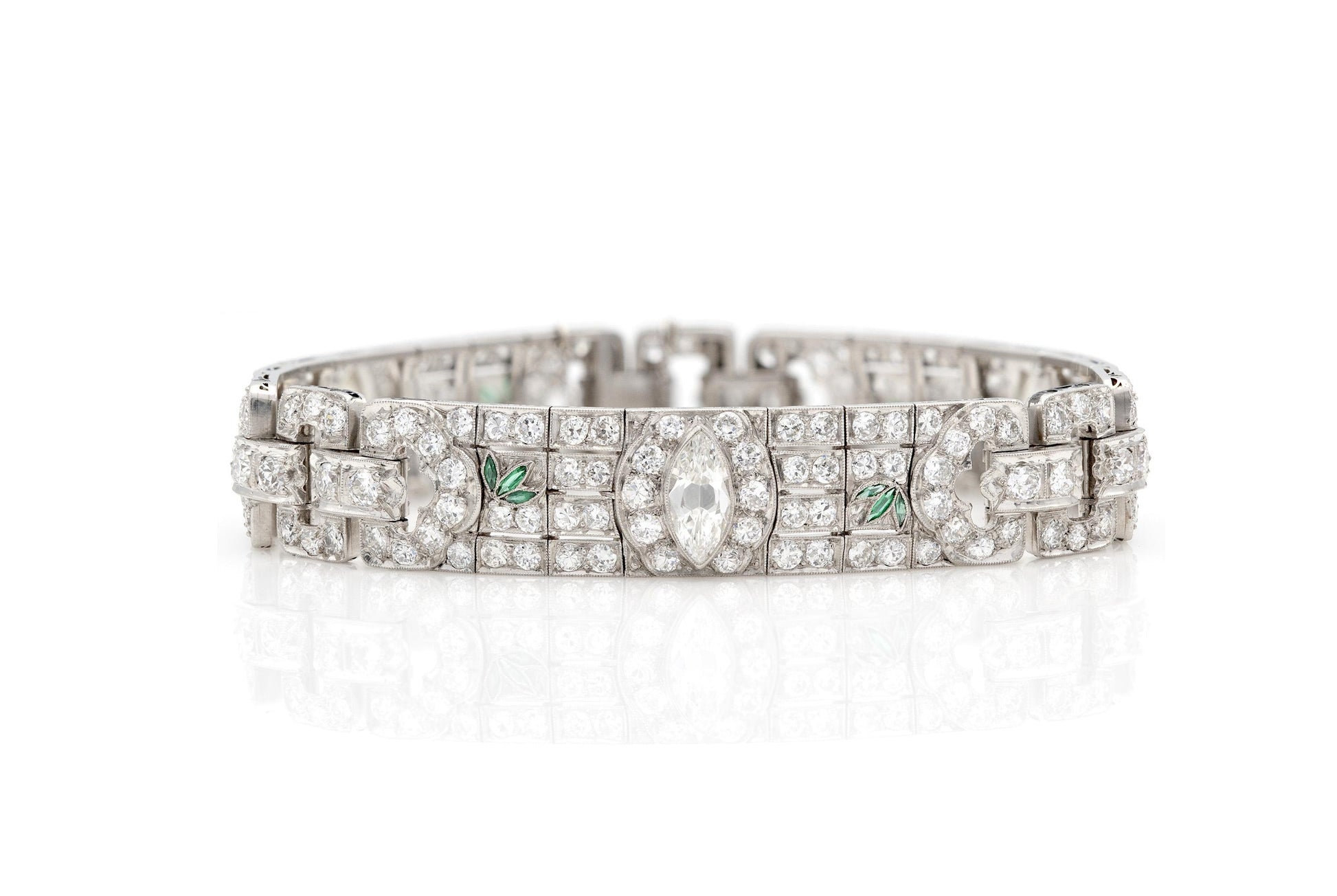 Antique Art Deco 1930s 25.30 Carat Diamond Bracelet with Emeralds