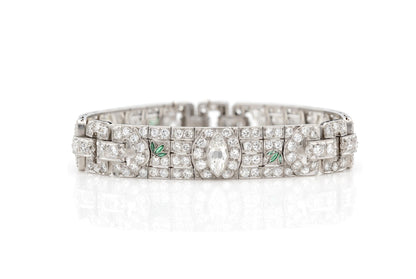 Antique Art Deco 1930s 25.30 Carat Diamond Bracelet with Emeralds