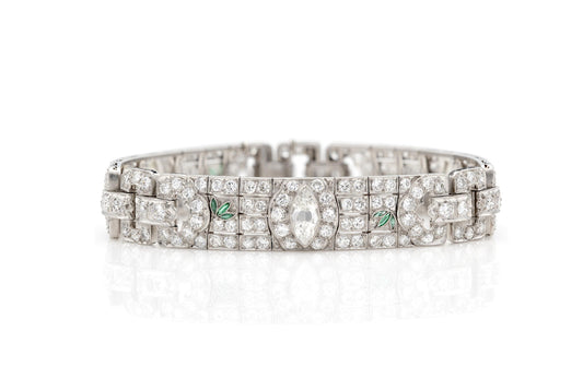 Antique Art Deco 1930s 25.30 Carat Diamond Bracelet with Emeralds