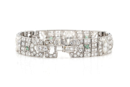 Antique Art Deco 1930s 25.30 Carat Diamond Bracelet with Emeralds