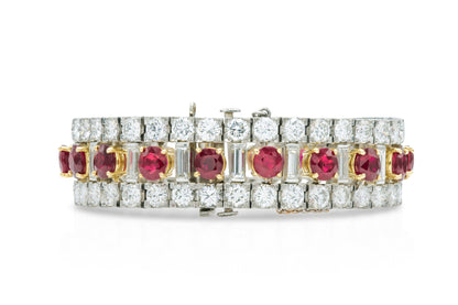 Vintage 1950s 20.00 Carat Oval Cut Rubies and 23.20 Carat Diamond Bracelet