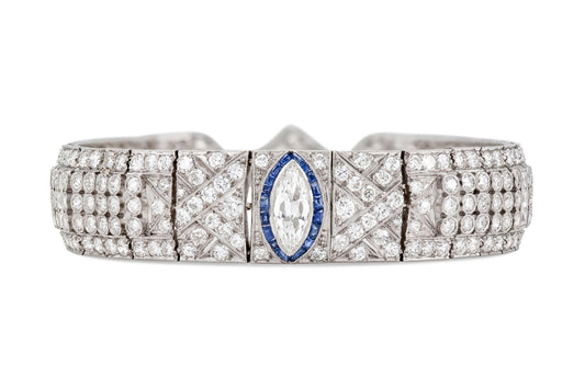 Antique Art Deco 1930s 18.00 Carat Diamond Bracelet with Sapphires