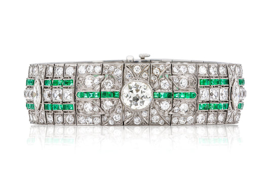 Antique Art Deco 1920s 34.50 Carat Diamond Bracelet with Emeralds