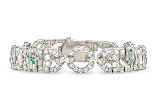 Antique Art Deco 1920s 10.00 Carat Diamond Bracelet with Emeralds