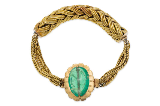 Vintage 1940s 15.00 Carat Cabochon Emerald and Braided Gold Bracelet