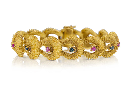 Vintage 1960s Gold Bracelet with Rubies and Sapphires