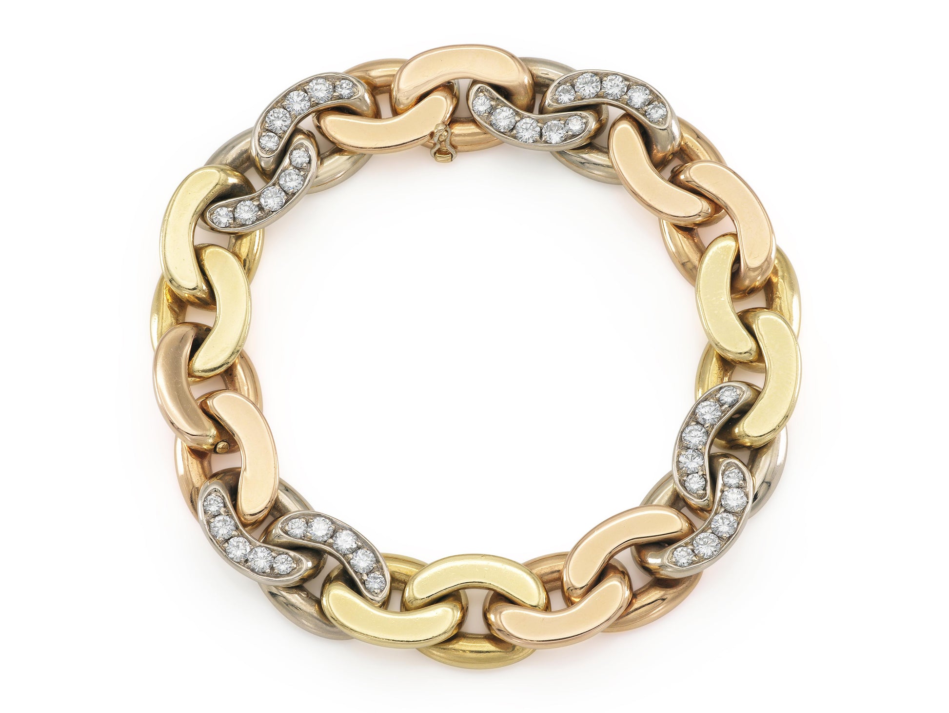 Vintage 1980s Bvlgari Tri-Tone Curb Link Bracelet with Diamonds