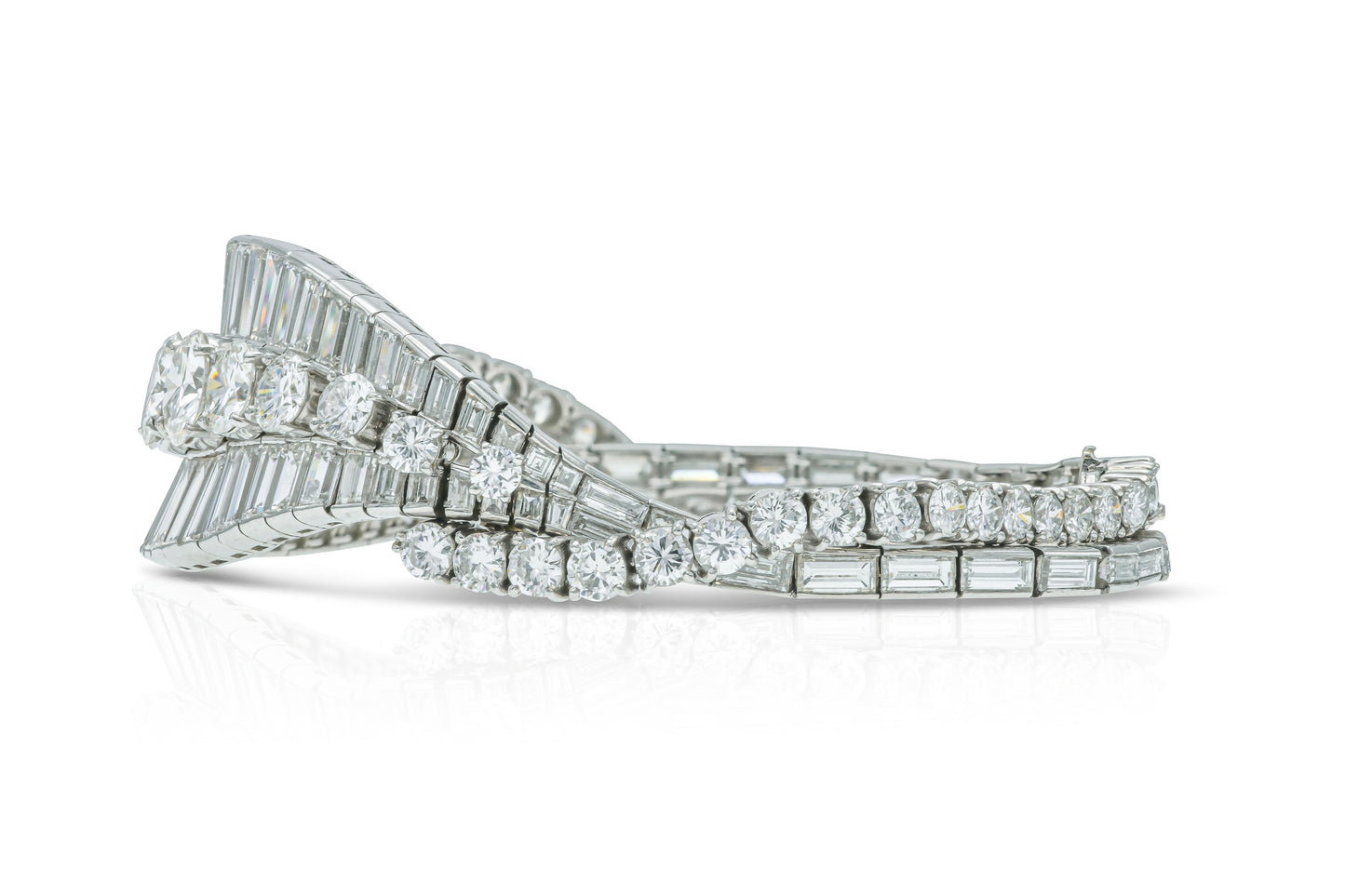 Vintage 1950s 46.75 Carat Round Brilliant and Baguette Cut Diamond Bracelet