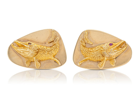 Vintage 1970s Tiffany & Co. Muskellunge Fish Cufflinks with Rubies