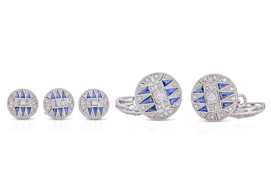 Antique Art Deco 1930s Diamond and Sapphire Stud Set