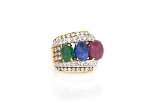 Vintage 1970s David Webb Cabochon Ruby Sapphire and Emerald Ring