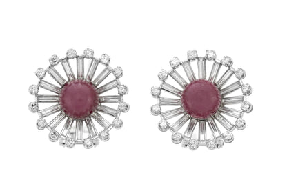 Vintage 1950s Cabochon Ruby & Diamond Earrings / Double Clips