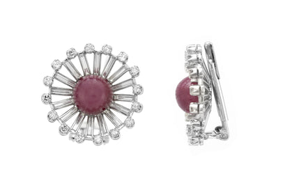 Vintage 1950s Cabochon Ruby & Diamond Earrings / Double Clips