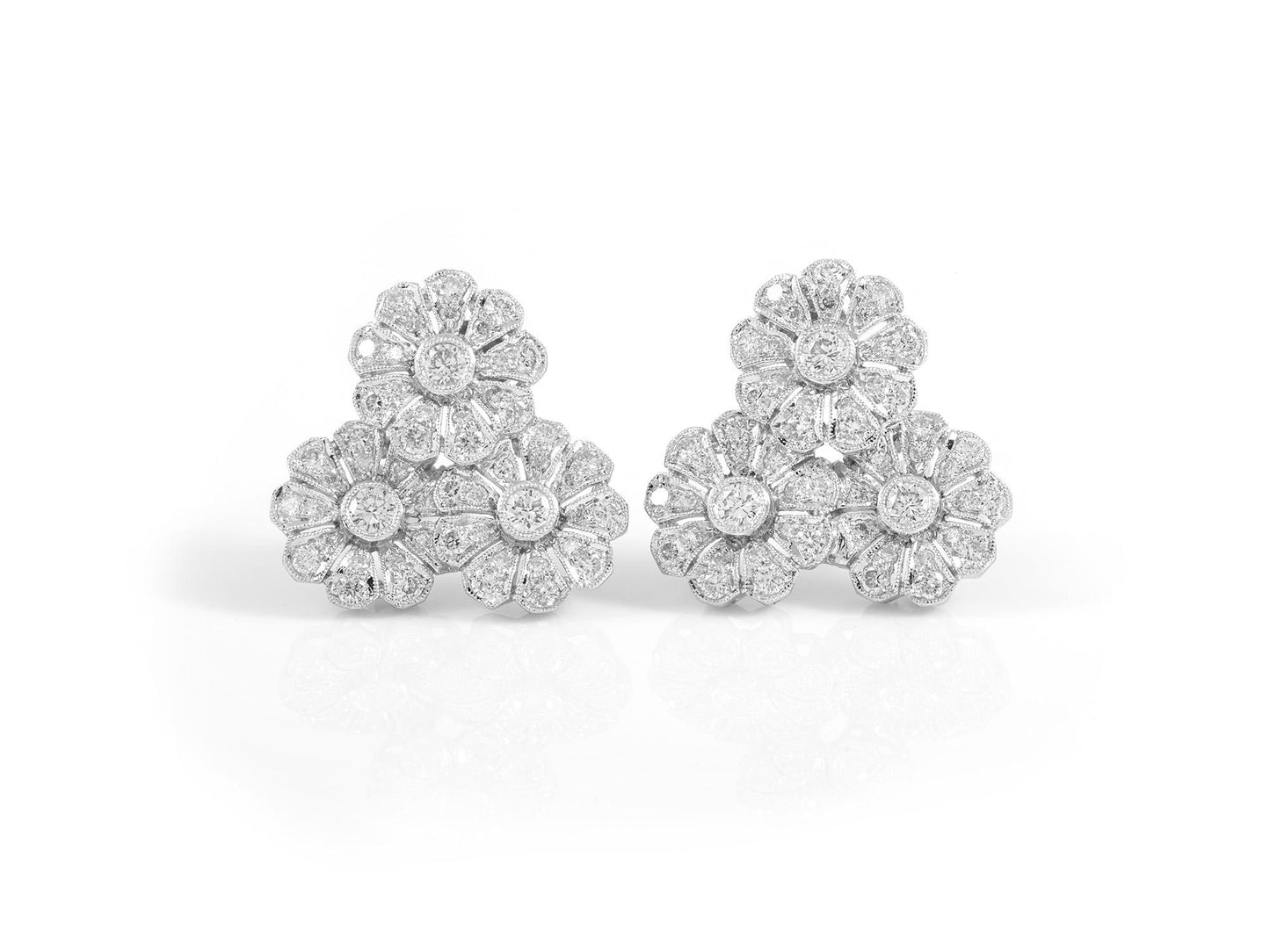 Vintage 1950s 4.28 Carat Diamond Triple Flower Earrings